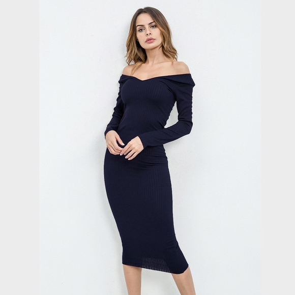 Navy Blue Ribbed Off Shoulder Sheath Midi Dress - Picture 4 of 5